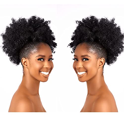 CECINILL Afro Puff kinky curly Drawstring Ponytail Extension for Women Synthetic Short Afro Kinkys Curly Afro Bun Extension Hairpieces Updo Hair Extensions with Two Clips(1B)