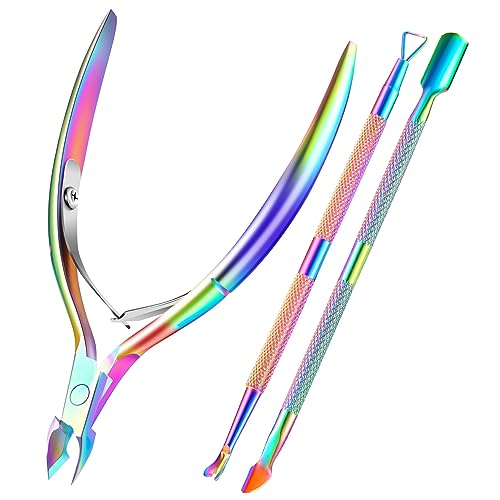 XUNXMAS Rainbow Titanium Cuticle Trimmer Set with Pusher & Nipper – 5-in-1 Manicure Tool