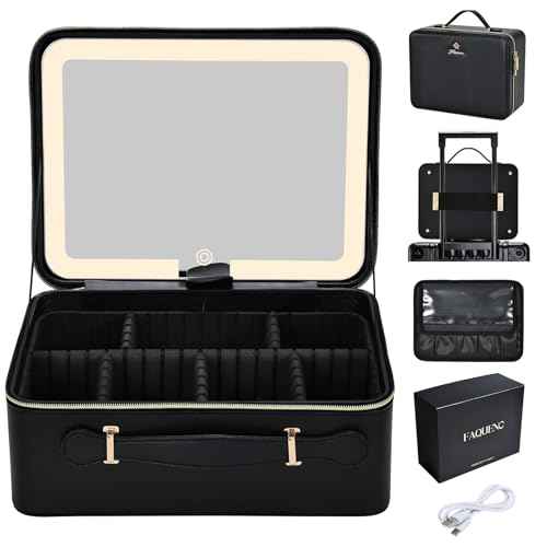 11.4 Inch Extra Large Makeup Bag with LED Lighted Mirror Leather Cosmetic Train Case Light up Mirror Portable Makeup Artist Storage Bag with Dividers Makeup Brush Holder Vanity Black
