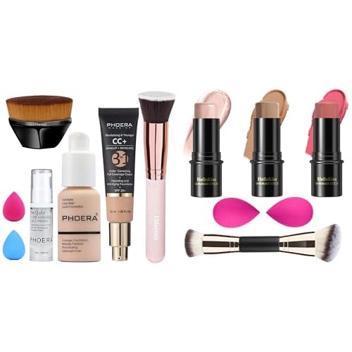 PHOERA Foundation,PHOERA CC+ Cream Color Correcting Anti Aging Hydrating Serum &SPF 25+,3 Pcs Cream Contour Stick Makeup Kit, Shades with Highlighter Stick, Blush Stick and Bronzer Contour Stick