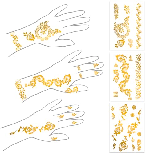 Metallic Gold Temporary Tattoos - 8 Large Sheets Floral Designs
