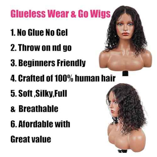 Wear and Go Glueless Wig Bob Wig Human Hair Glueless Wigs Human Hair Pre Plucked Pre-Cut for Beginners 180% Density Deep Wave Curly Lace Front Wig 16 Inch Natural Black