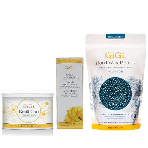 GiGi Soothing Azulene Hard Wax Beads & Refill Can 14 oz, Large Wax Sticks Applicators, 100 pcs ? All-in-One Hair Removal for Sensitive Skin, Waxing Kit for Women