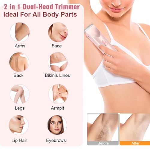Bikini Trimmer for Women,2 in 1 Dual Head Bikini Shaver & Body Shaver,Cordless & Waterproof Electric Bikini Trimmer for Women, Painless Hair Removal with Silky Glow Finish,Pink3