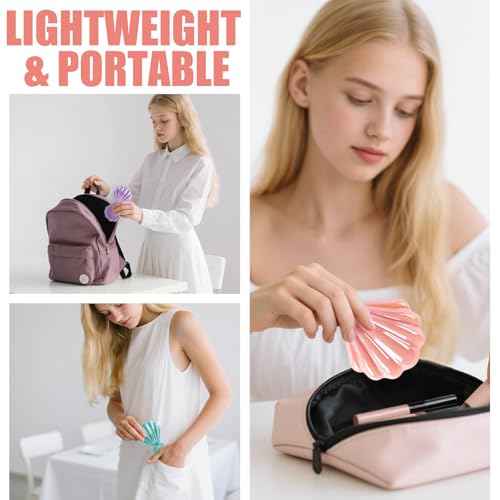 Iridescent Shell Folding Hair Brush with Mirror, Compact Travel Size Mermaid Hair Brush for Purse, Portable Brush Mini Pocket Mirror Massage Comb for Women (PINK)