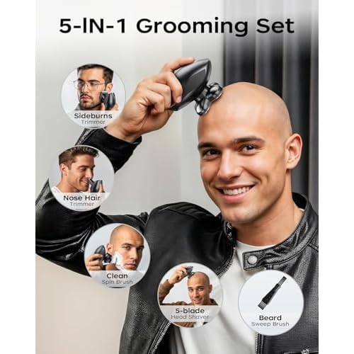 Head Shavers for Bald Men, 5 in 1 Electric Razor IPX7 Waterproof for Bald Men, 5D Rotary Shaver