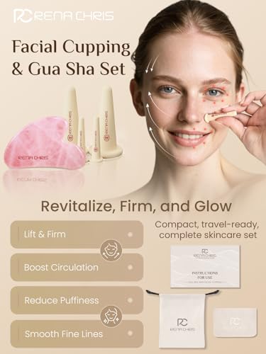 Rena Chris Facial Cupping & Gua Sha Set - Silicone Cups Rose Quartz Stone