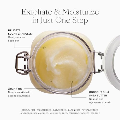 Josie Maran Sugar Body Scrub - Argan Oil Exfoliating Sugar Scrub with Coconut Oil & Shea Butter - Softens, Smooths & Hydrates Dry Skin - Vegan & Cruelty Free - Sweet Clementine (10 oz)