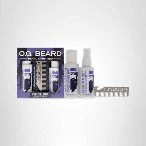 Billy Jealousy Original Gangster Beard Kit with Trave Size Beard Wash, Oil and Titanium Keychain Comb to Cleanse, Stengthen & Soften Facial Hair, Oud Wood Scent