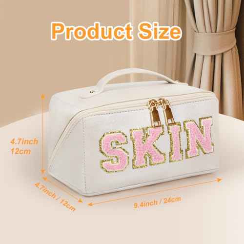 Large Capacity Skincare Bag, Chenille Letter Preppy Makeup Bag, PU Leather Large Capacity Travel Cosmetic Bag with Divider and Handle, Gift for Women