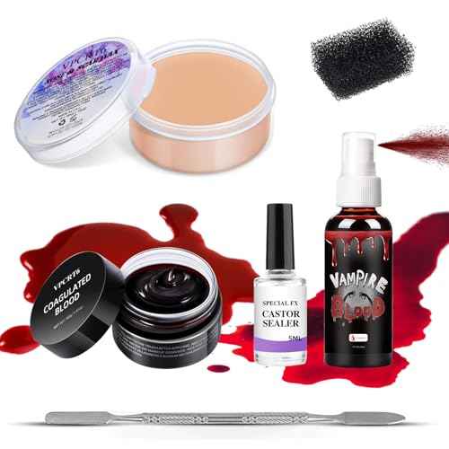 SFX Makeup Kit Scars Wax, Fake Blood Spray, Professional Scar Wax&Blood Effects Set with Coagulated Blood Gel&Spray, Metal Spatula, Sealer & Black Sponge for Realistic Halloween Zombie, Vampire Wound