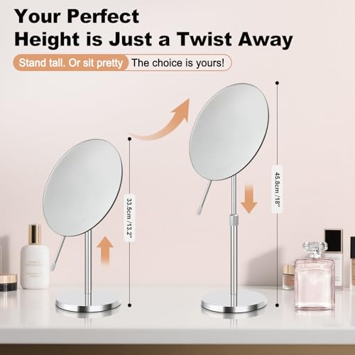 8" HD Makeup Mirror with Swivel & Adjustable Height (13-18"), Bonus 10X Magnifying Suction Cup Vanity Mirror for Precision Grooming & Shaving, Chrome Finish for Tabletop & Bedroom£¨No Light£©
