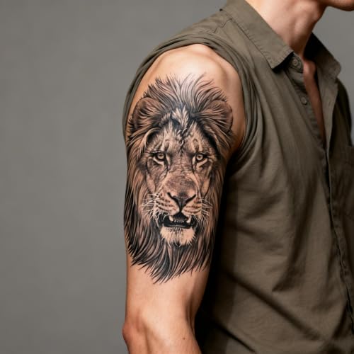 2 Sheets Realistic Animal Temporary Tattoos Stickers Sketch Lifelike Lion Roar Designs For Men Waterproof Arm Leg Fake Body Art, Gym & Parties Bold Masculine Decals