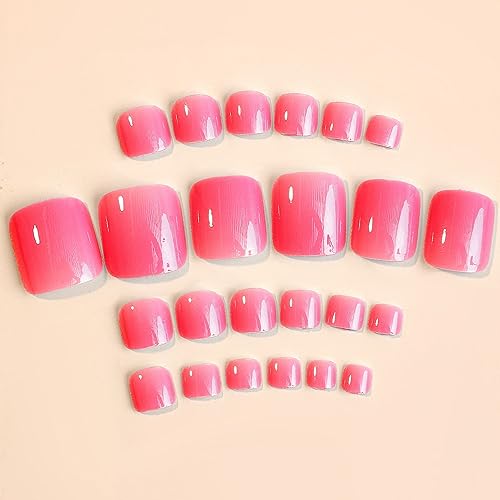 Press on Toenails Rose Pink Square Fake Toenails French Simple Style Fake Nails Acrylic Toe Nails for Women Glossy Toe Nail Tips Glue on ToeNails 24pcs