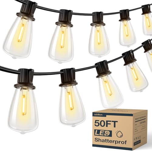 addlon 50FT LED Outdoor String Lights Waterproof Patio Lights with 16 Shatterproof ST38 Replaceable Bulbs(1 Spare), Dimmable Outside Hanging Lights Connectable for Porch, Backyard, 2200K Warm Yellow