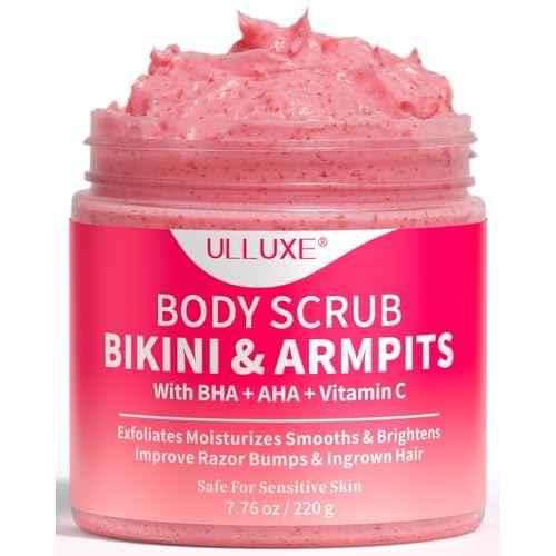Bikini Area Exfoliator with 10% AHAs BHA & Vitamin C, Exfoliating Body Scrub for Ingrown Hair and Underarm Bumps, Dark Spots, Moisturize Brighten Soothe & Even Skin Tone, Sensitive Skin Safe, 7.76 oz