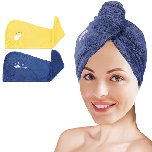 GiftPlus 2 Pack Microfiber Hair Towel Wrap for Women - Super Absorbent Fast Drying Turbans for Long, Thick, Curly Hair - Anti Frizz Hair Turban - Blue&Yellow Hair Drying Towel Wrap for Long Hair