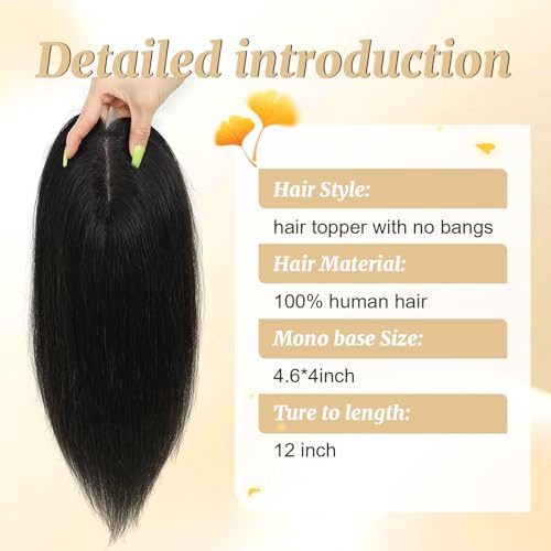 Remy Human Hair Topper 12 Inch with Mono Base Clip-In