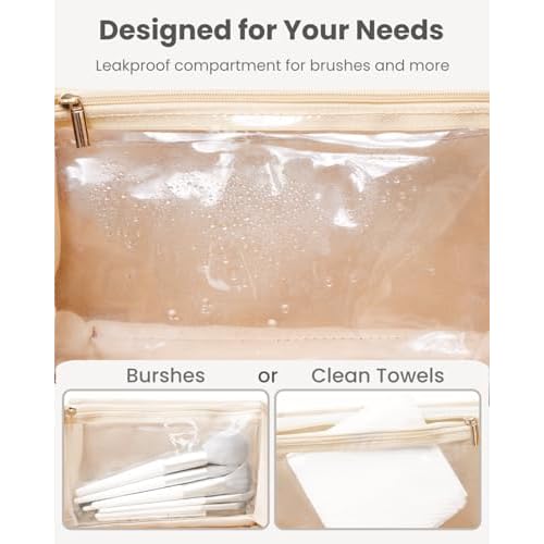Travel Makeup Bag Large Capacity Cosmetic Bags Flat Open Make up Bag with Multiple Compartments Portable Toiletry Bag Waterproof PU Leather Pouch for Women Beauty & Travel Essentials (Brown)