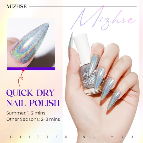 MIZHSE Holographic Nail Polish - Silver Glitter, Air Dry 15ml