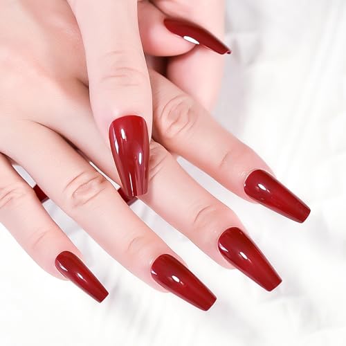 Elevenail Glossy Red Press on Nails Long Coffin False Nails Faux Ongles Reusable Solid Color Nail Art Tips Salon DIY Manicure Acrylic Fake Nails Gifts for Women Girls