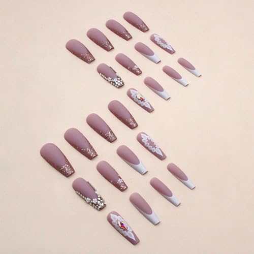 French Tip Press on Nails Long Coffin Fake Nails Flowers Glue on Nails Light Purple Full Cover Acrylic Nails Matte False Nails with Rhinestones Designs Glitter & Cute Stick on Nails for Women 24Pcs