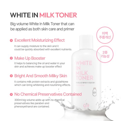 G9SKIN White in Milk Toner - Hydrating & Brightening Facial Toner with Milk Protein and Niacinamide for Soft and Radiant Skin, 300ml / 10.14 Fl.Oz