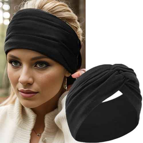 Extra Wide Headbands for Women, 7'' Large Cotton Like Turban Knotted Bandana Head Bands for Women Non Slip, Boho Headbands for Women's Hair (All Black-6Pcs, Extra Large 7" Wide)