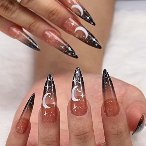 Outyua Stiletto Halloween Long Press on Nails with Designs Moon Acrylic Fake Nails Ballerina False Nails Full Cover Nails 24Pc (Moon)