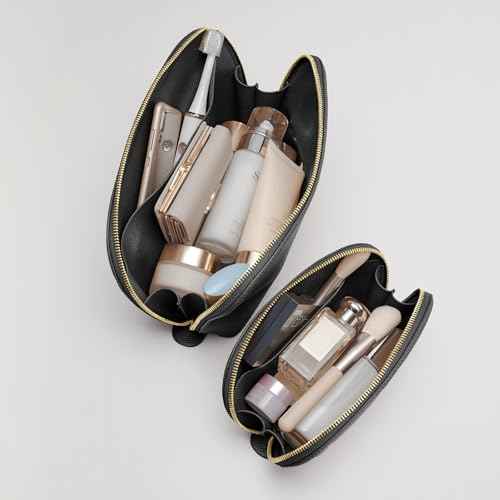 Kattee Leather Makeup Bag, Travel Cosmetic Bag Set, Toiletry Bag Organizer for Women, 2-PACK, Black