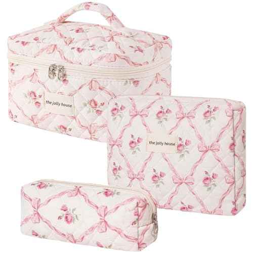 3PCS Cotton Quilted Floral Makeup Bag Set for Women Girls, Cute Make Up Bags with Brush Pockets, Large Wide-Open Toiletry Pouch Gifts for Toiletries Accessories Travelling Essentials