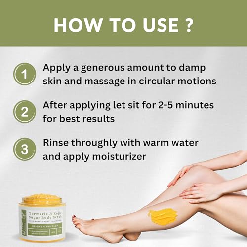 Kojic Acid, Turmeric & Manuka Honey Sugar Scrub, Dark Spots & Brightening - Moisturize and Exfoliate - Body, Hands, Foot, Thighs, Armpits, Bikini Area - Even Skin Complexion - Made in USA - 18 oz Jar