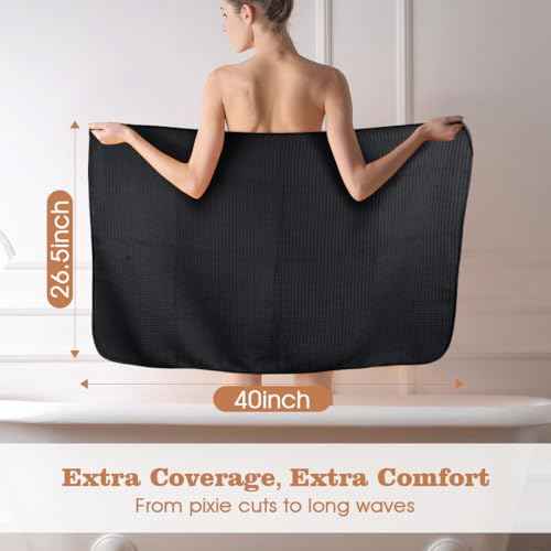 GLIMGLINT 2 Pack Black Microfiber Hair Towel Wrap for Long, Thick, Curly Hair, Super Soft, Fast Drying Waffle Hair Towel Wrap with Elastic Strap 40"X26.5"
