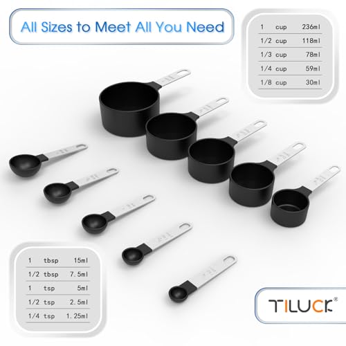 TILUCK Measuring Cups & Spoons Set, Stackable Cups and Spoons, Nesting Measure Cups with Stainless Steel Handle, Kitchen Gadgets for Cooking & Baking (Black)