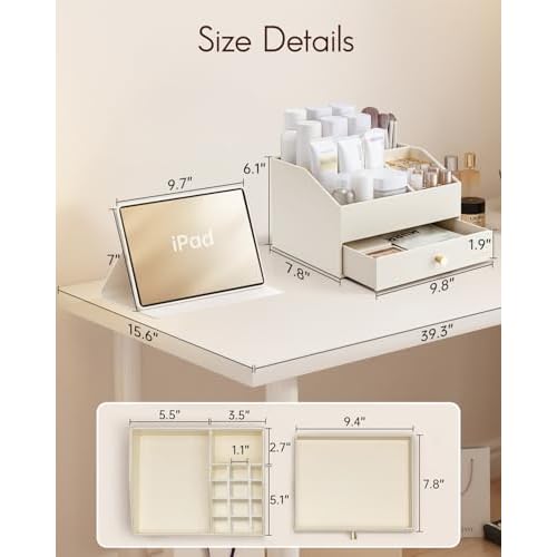 VLANDO Makeup Organzier,Vanity Organizer with Drawers, PU Leather Skincare Organizer Perfume Organizer,Large Cosmetic Display Case for Lipstick,Brushes Gifts for Women-Beige