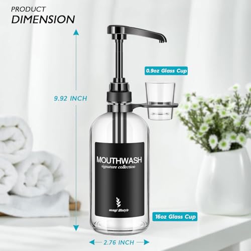 Clear Glass Mouthwash Dispenser with Cup Holder and Pump, 16 Oz