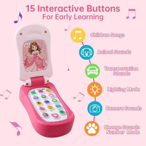 FENYAN Pink Phone Toy for 18 Months - Pretend Play Flip Smartphone for Baby