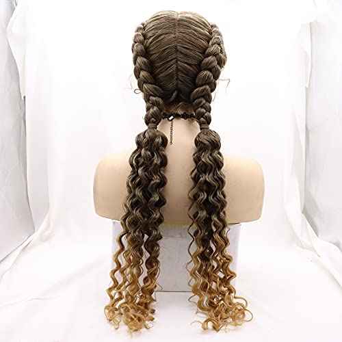 xiweiya Brown Braided Wig Double Dutch Braided Curly Sytnhetic Lace Front Wigs100% Human Hand Bouncy Curly Copper Brown Blonde Lace Front Wig with Baby Hairs for Women 26inch