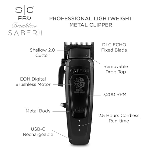 StyleCraft Saber II Cordless Hair Clipper - Brushless Motor, Full Metal