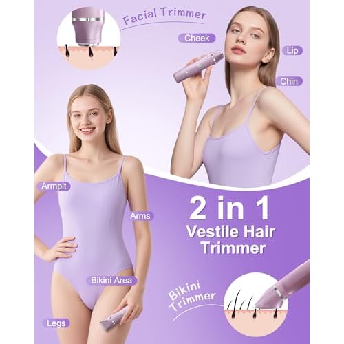 Electric Razors for Women 2 in 1 Bikini Trimmer for Women Cordless Dry/Wet Use Electric Shaver for Pubic Hair, Armpit, Facail Hair Removal, Waterproof Pearl Purple