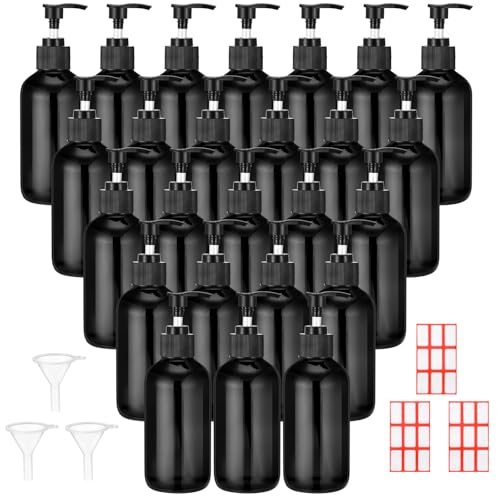 Tanlade 24 Pcs 8 oz Glass Pump Bottle Empty Bottle Glass Soap Dispenser with Pump Refillable Containers and Labels Funnels for Essential Oils Cleaning Products Lotions Conditioner (Black)