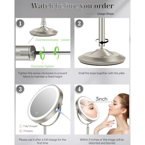 Makeup Mirror with Lights, 1X/30X Lighted Magnifying Mirror Height Adjustable, 3000mAh Rechargeable Double Sided Vanity Mirrors with 3 LED Lighting and Adjustable Brightness for Desk Women Gift