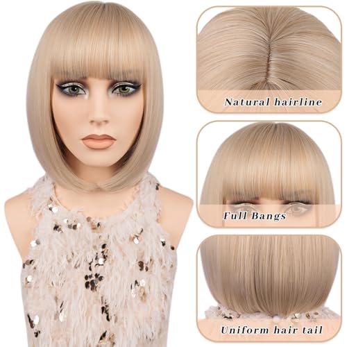 MAYSA 12-Inch Blonde Bob Wig with Bangs - Natural Look Synthetic Hair
