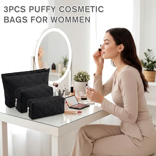 Sadnyy 3 Pcs Valentine Gift Puffy Makeup Bag Quilted Cosmetic Pouch for Women Cute Puffer Makeup Organizer Toiletry Pouch Cosmetic Bag Bridesmaids Gift Preppy Pencil Case with Zipper(Black)