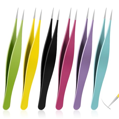 6-Piece Needle Nose Tweezers - Precision Fine Point Tip - Stainless Steel - Blackhead Remover for Nose, Facial Hair & Eyebrow