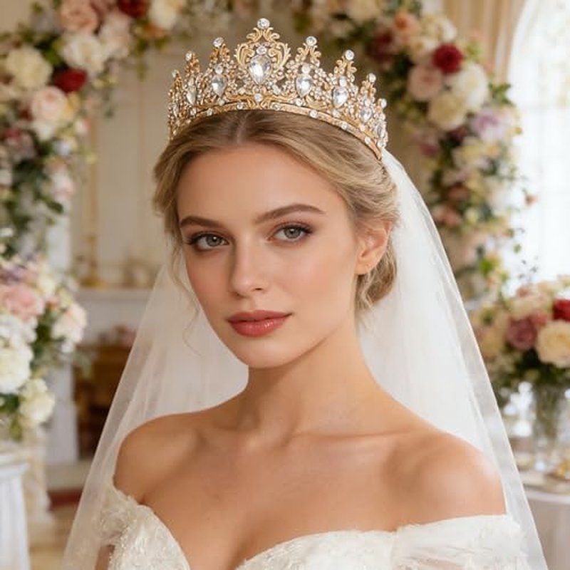 Queen Crown Rhinestone Tiara for Women - Gold & White