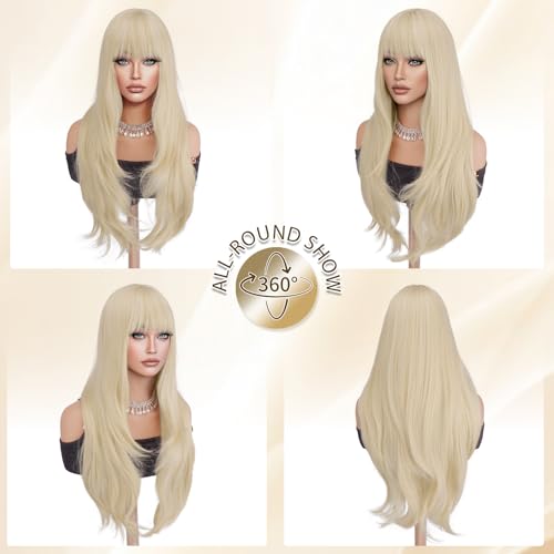 Haloo Blonde Wigs for Women - 26 Inch Platinum Long Wavy Synthetic Wig with Bangs