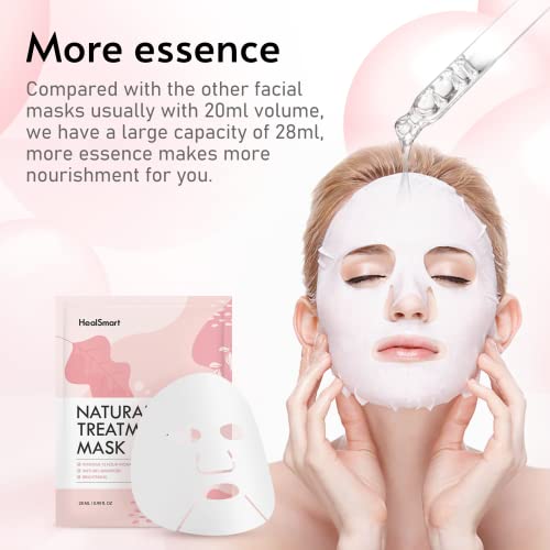 HealSmart Facial Mask, Intensive 72 Hour Deep Hydrating & Instant Brightening Face Sheet, Improve Skin Clarity and Radiance, for All Men Women Skin Types, High Capacity of 28ml/0.99oz (5 Pack)