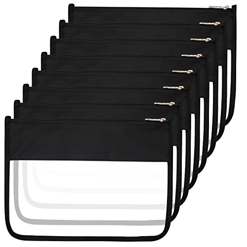 Teling 8 Pieces Clear Makeup Bags DIY Chenille Letter Pouch Clear Zipper Pouches Travel PVC Oxford Cloth Cosmetic Portable Waterproof Makeup Storage Bag Toiletry Snack Organizer for Women Girls, Black