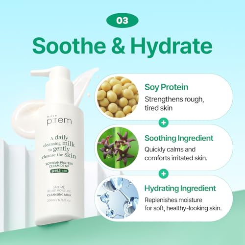 MAKE P:REM Safe Me. Relief Moisture Cleansing Milk, Hydrating Gentle Face Wash for Sensitive Skin with Soy Protein, Korean Milky Cleanser, Korean Skin Care, 16.90 fl.oz (500ml)